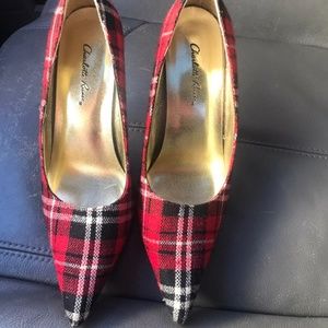Red plaid high heels